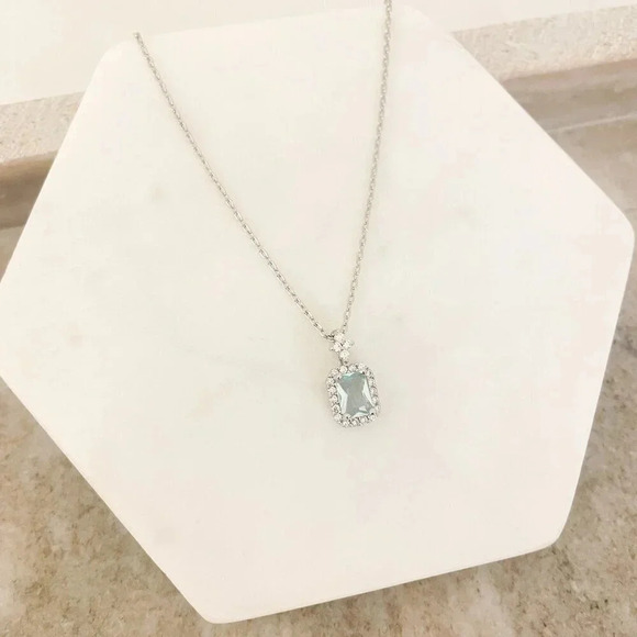 925 Sterling Silver Aquamarine Pendant Necklace Dainty CZ Diamond Necklace - Picture 1 of 9